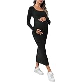 OYOANGLE Women's Maternity Ribbed Dress Long Sleeve Scoop Neck Stretchy Bodycon Baby Shower Dresses