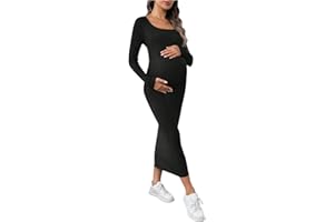 OYOANGLE Women's Maternity Ribbed Dress Long Sleeve Scoop Neck Stretchy Bodycon Baby Shower Dresses