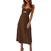 Fiemaoves Sexy Twist Front Strapless Sweetheart Neckline Midi Dresses for Women Smocked Cutout Tube Linen Dress Wedding Guest
