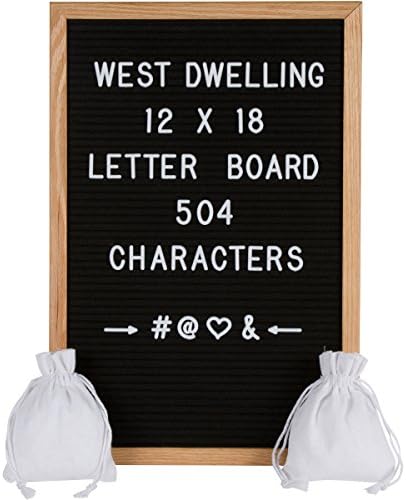 Black Felt Letter Board 12x18 Inch Wooden Oak Frame - 504 White Letters and Symbols - Wall Mount - Message Board Sign - 2 Storage Bags