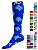 Compression Socks (1 pair) for Women & Men by A-Swift - Best For Running, Athletic Sports, Crossfit, Flight Travel - Suits Nurses, Maternity Pregnancy - Below Knee High (Blue Argyle, Medium)