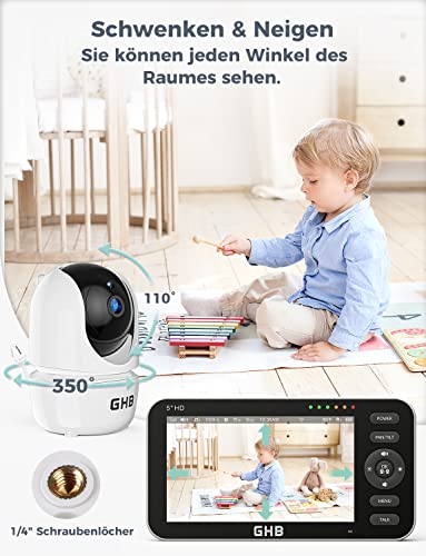 GHB Baby Monitor with Camera 5 Inch 720P HD Display with up to 168 Hours Battery Life in VOX Sleep Mode Split Screen Display Night Vision 4X Zoom Swivelling