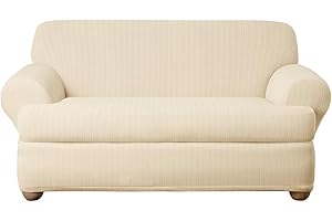 SUREFIT Sure Fit Home Décor Stretch Pinstripe T-Cushion Loveseat Two Piece Slipcover, Form Fit, Polyester/Spandex, Machine Washable, Cream Color