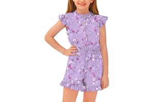 BesserBay Girl's Summer Ruffled Flutter-Sleeve Jumpsuit Button Down Crewneck Romper 5-14 Years