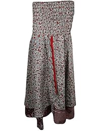 Womens 2 in 1 Sundress Recycled Silk Two Layer Printed Strapless Beach Dress Maxi Skirts (Red) Smalll