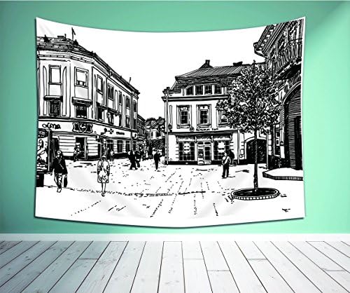 Avamam Tapestry Wall Art Wanderlust Decor Illustration Of Uzhgorod Cityscape Ukraine With Street And Historic Buildings Black White-S Wall Hanging For Bedroom Living Room Dorm Size-80"Wx60"H