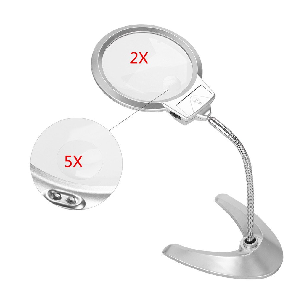 2.5 X 5X Folding Desktop Magnifier 2 LED Lamp Illuminated Magnifier Hands Free Magnifying Glass Adjustable Reading Magnifying Glass for Reading Inspection Close Work Repair Hobby