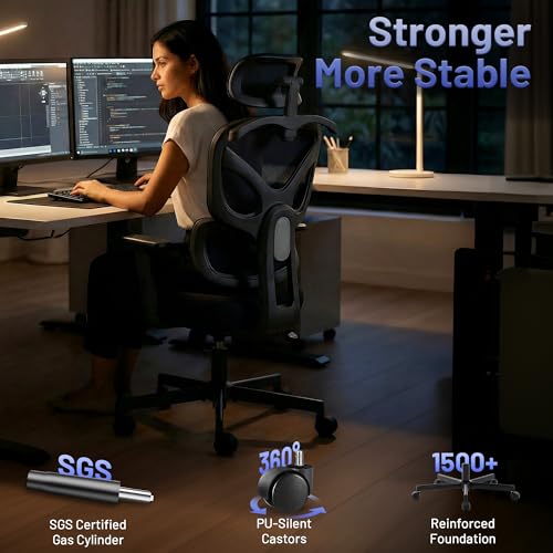 Coscendo Ergonomic Office Chair with Headrest and Lumbar Support, Black | Height Adjustable, Lockable Reclining Backrest, 150 KG Max Load, Breathable Mesh, Flip-Up Armrests for Home & Office