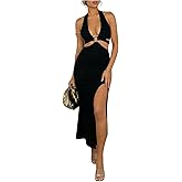 WDIRARA Women's Cut Out High Slit Halter V Neck Sexy Dress Ring Linked Tie Backless Bodycon Long Dresses