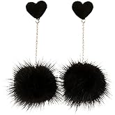 Heart Pom Pom Earrings for Women Colorful Faux Fur Fluffy Pom Earrings Long Chain Soft Pom Ball Tassel Dangle Drop Earrings Fluffy Love Heart Stud Earrings Party Jewelry Gift