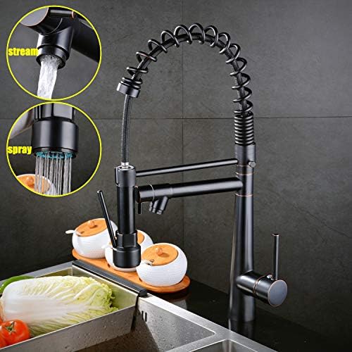 Commercial Pull Down Kitchen Sink Faucet,Sturdy Single Handle Pre Rinse Spring Kitchen Faucet With Added On Pot Filler Spout Constructed of Lead Free Brass,Matte Black