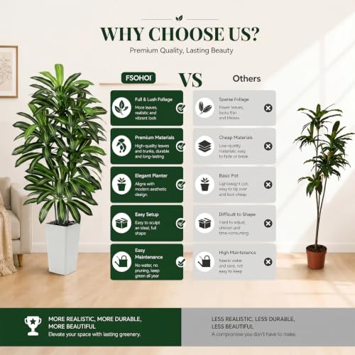 FSOHOI Artificial Dracaena Tree 6FT Artificial Plants Indoor Tall Fake Plants Faux Tree with White Tall Planter Fake Tropical Yucca Floor Plant for Home Office Living Room Decor Outdoor