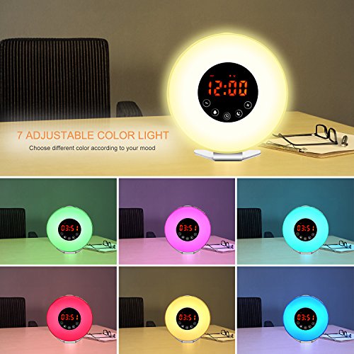 Wake Up Light Alarm Clock by Smarlance,Digital Sunrise Simulation Alarm Clock -【2018 Upgraded】-with 6 Alarm Sounds,FM Radio,7 Color Lights,Sunrise&Sunset Simulation and USB Charger