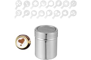 Chocolate Shaker Coffee Duster with 16 Piece Coffee Drawing Mould Stainless Steel Mesh Dispensers for DIY Cappuccino Coffee C