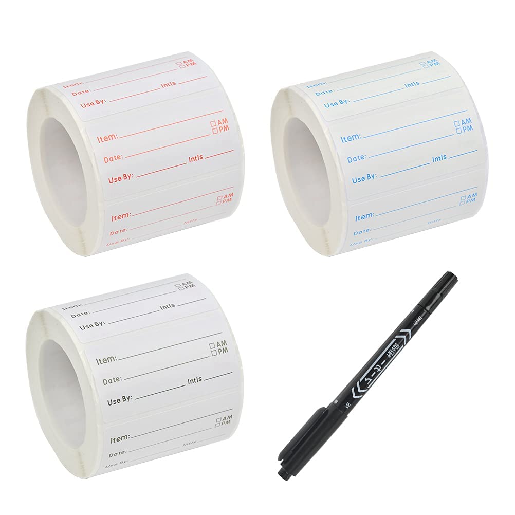3 Rolls 1500 Pieces Dissolvable Food Labels Food Prep Canning Labels Removable Food Stickers with Black Marker Pen, Red, Blue and Black
