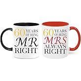 PEJAFAN 60th Wedding Anniversary for Couples, 60 Year Anniversary Coffee Mugs Set of 2 - Mr Right & Mrs Always Right Ceramic Mug Gift Set 11oz (60th)