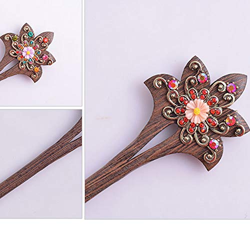 2 Pack Retro Hair Chopsticks Chinese Hair Pins Flower Decor Wooden Vintage Hair Stick (Purple) - Thumbnail 4