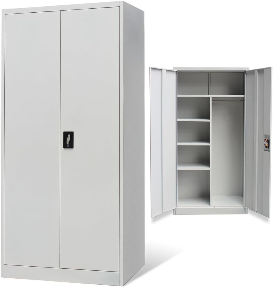 Anself Metal Cabinet Storage Cupboard 2 Doors Locker Style Grey Amazon Co Uk Kitchen Home