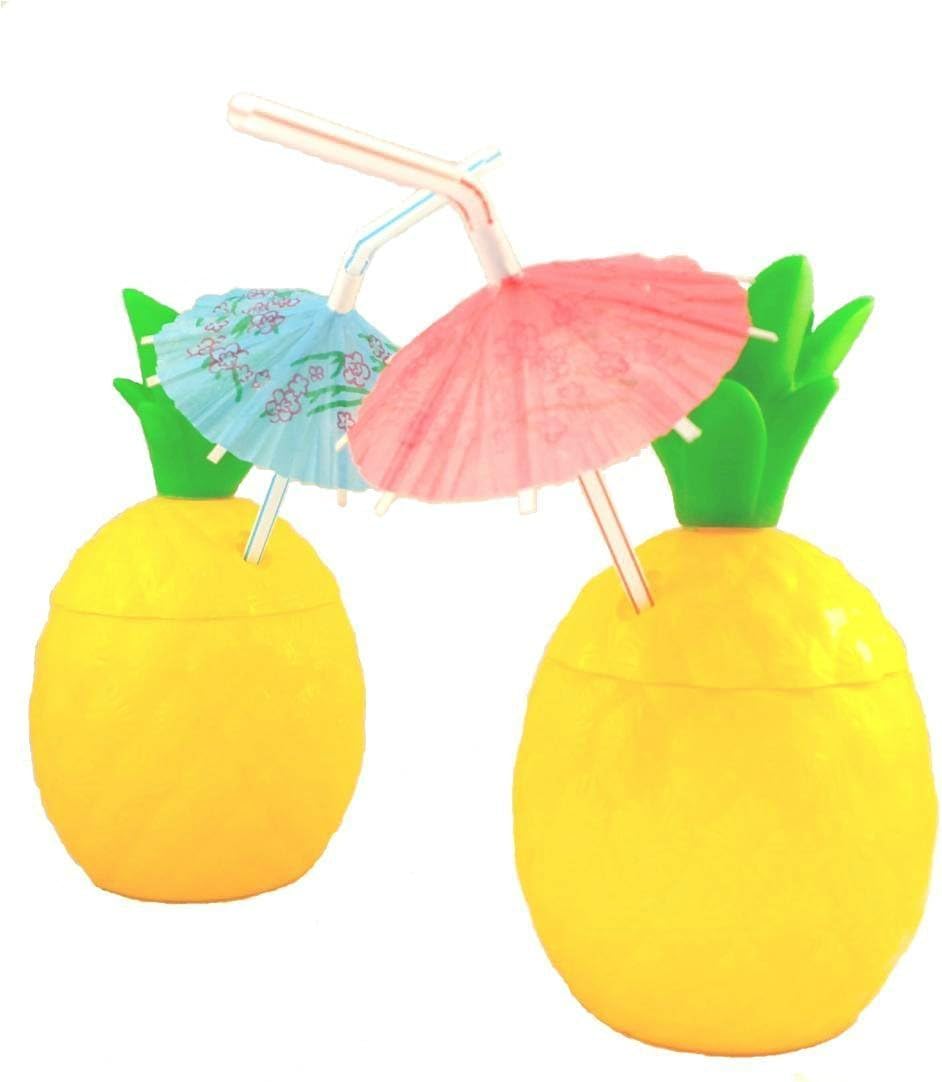 Precious Owls 14oz Pineapple Plastic Party Cups 12 Pk (Includes 12 Umbrella Luau Straws) Hawaiian Theme Party Supplies