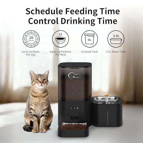 DOEL 2-in-1 Automatic Cat Feeder and Water Dispenser, Large-Capacity 6L Dry Food Dispenser + 2.5L Water Dispenser with App Control, Voice Recording, Scheduled Feeding for Cats and Small Dogs (Black)