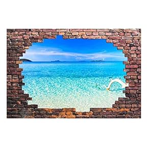 Wall26 - Large Wall Mural - Tropical Seascape Viewed Through a Broken Brick Wall | 3D Visual Effect Self-Adhesive Vinyl Wallpaper/Removable Modern Decorating Wall Art - 66" x 96"