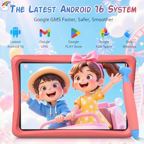 2026 Upgraded Kids Tablet 10 inch, Android 16 Tablets for Kids, Parental Control, Pre-Installed Kiddos Software & Kids Space, Includes Case & Stylus Pen, 12GB RAM 64GB ROM, 2TB Expand, HD IPS Screen