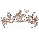 Koolouispoper Crystal Beads Pearl Butterfly Costume Jewelry Sets Floral Rhinestone Choker Necklace Earrings Tiara Wedding Jewelry Set (ROSE GOLD CROWN)