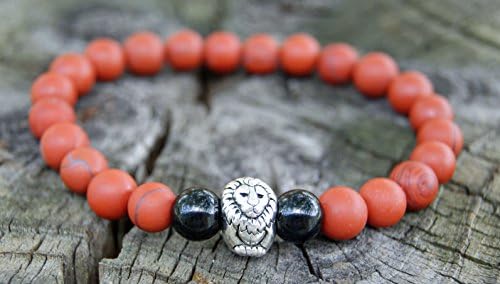 Men's Lion Bracelet with Matte Red Jasper and Onyx Beads