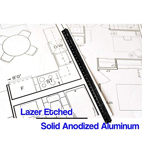 Precision Engineering Products – 12” Aluminum Architect Scale Ruler and Engineer Scale Ruler Set – Black Triangular Drafting Straight Edge – Imperial Triangle Scale with Laser Etched Markings