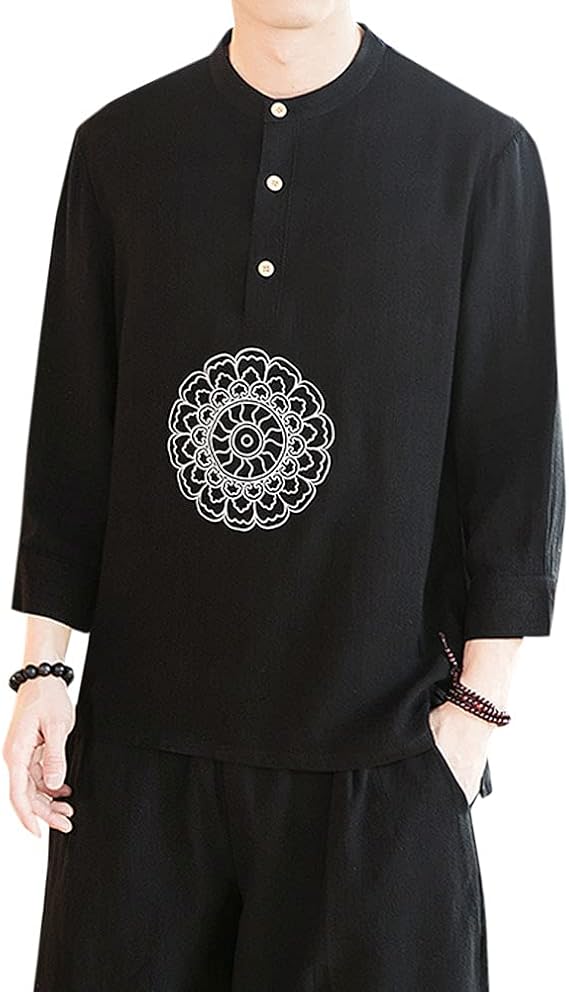 Amazon Tシャツ メンズ リネンシャツ 亜麻 七分袖 中華風 トップス 立ち襟 刺繍入り 花柄 カジュアル ゆったり 和柄 オリジナル コート ジャケット 通販