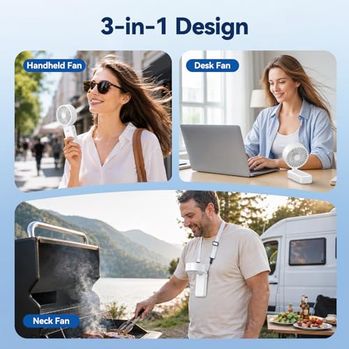 Handheld Fan, 3 in 1 Portable Fan, Mini Fan Battery 6000mAh Rechargeable, Digital Display, 120° Folding, 5 Speed, Quiet Fan Ideal for Travel, Office, Home