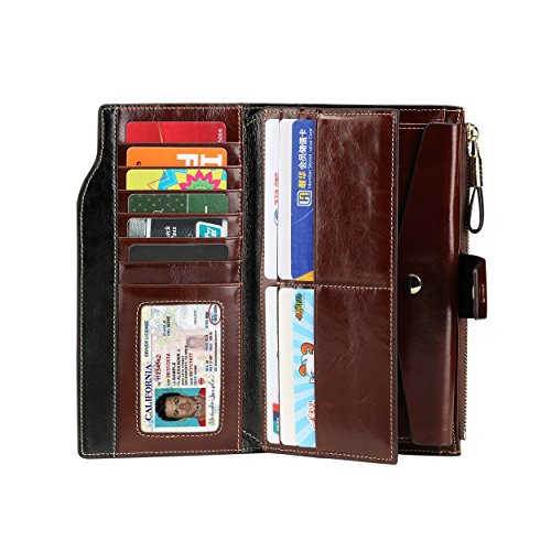 Itslife Women's RFID Blocking Large Capacity Luxury Wax Genuine Leather Cluth Wallet Ladies Card holder (Coffee RFID Blocking)