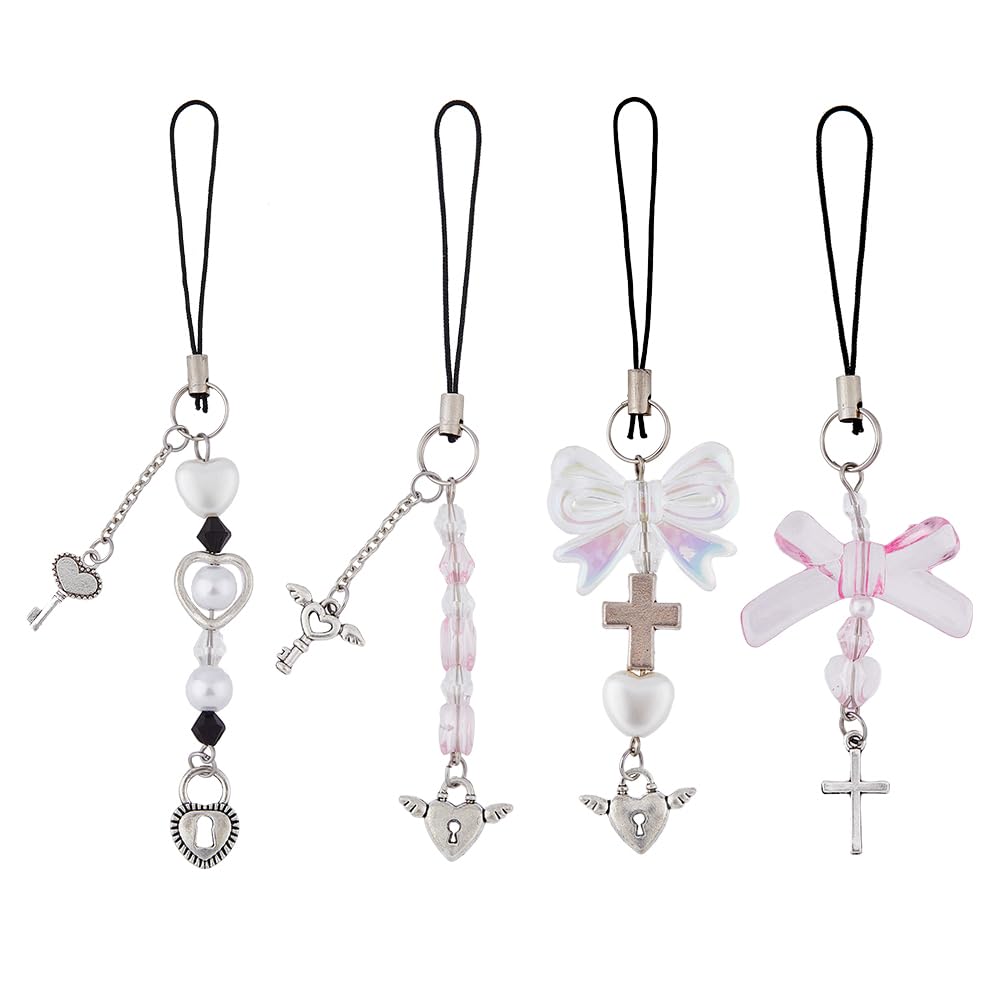 SUPERFINDINGS 4 Styles Transparent Beaded Phone Charms Bowknot Heart Pearl Mobile Straps Pink Transparent Beaded Phone Charms Phone Lanyard Strap Phone Charms Mobile Accessories Decorations 11-13cm