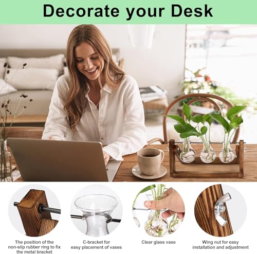 Sepper Estación de propagación de Plantas, Terrario con Soporte Madera Jarrón Hidropónica Florero Cristal, Jarrones Vidrio Macetas con 3 Bombillas para Interior Decoración Mesa Oficina Casa Jardín