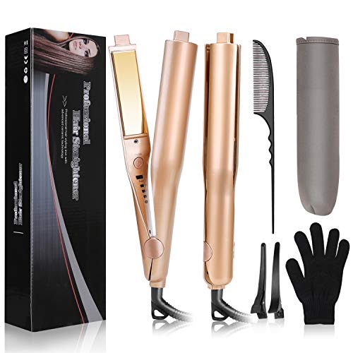 USHOW Flat Iron Hair Curler Hair Straightener 2 in 1 Professional Hair Curling Irons with 1 Inch 3D Concave and Convex Titanium Plate, Adjustable Temp and Dual Voltage for Travel Hair styling