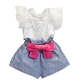 PHOTNO 1Set Suit outfit for toddler Girls Summer Lace T-shirt+Stripe Shorts (2-7T)