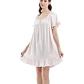 Flwydran Women Cotton Nightdress Short Sleeve Vintage Nightgown Off the shoulder Loose Princess Dressing Gown