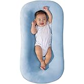 Loevin Baby Lounger, Baby Lounger for Newborn 0-24 Months, 100% Breathable Cotton Baby Nest for Tummy Time & Diaper Changes, Portable Infant Essentials for Home & Outdoor,Blue