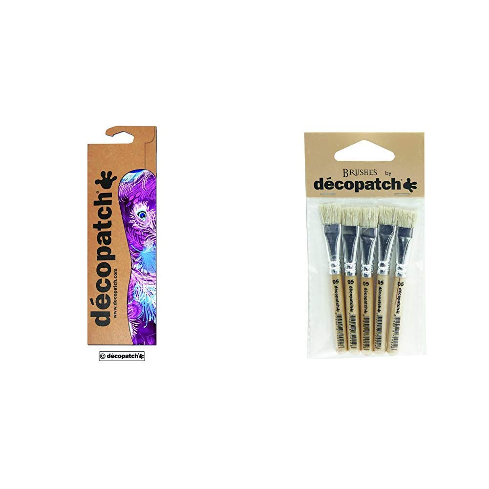 décopatch Purple Peacock Print Paper, 30 x 40 cm, Pack of 3 Sheets & Decopatch PACKPC05O Hog Bristle Brush,5 Pack