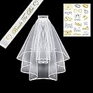 Cascade Bridal Wedding Veil With Comb and Bride To Be Satin Sash and Bride Tribe Flash Tattoos Gold, Bachelorette Party Decorations Supplies, White