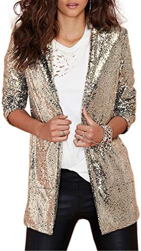 Women's Sparkly Sequin Open Front Jacket Coats Long Sleeve Midi Blazer