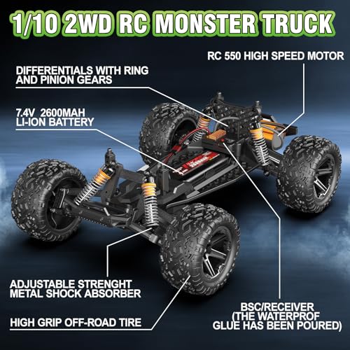 Womaqu Large Scale Adult Remote Control Car 1:10 46cm, RC Truck 2WD RWD Electric 45km/h with 2 Batteries 2600mAh, Off-Road RC Car for Children and Adults