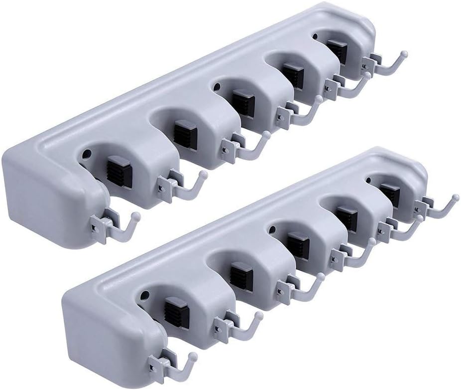 Mop and Broom Holder Wall Mounted Orgnizer Storage Tool Rack with 5 Non-Slip and 6 Hooks Garage Storage Organization Systems(2Packs)