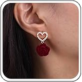 Erimberate Bohemian Rose Pearl Heart Dangle Earrings Red Rose Flower Drop Earrings Velvet Camellia Flower Earrings Hollow Pearl Heart Stud Earrings Jewelry for Women Gifts