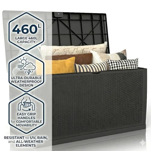 Divona Storage Box 460L – Lockable Indoor & Outdoor Storage Deck with Lid, Water-Resistant, Wood-Look Design for Patio, Garden, Balcony, Built-in Wheels, Deck Box