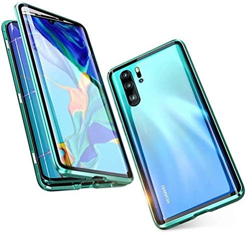 Case for Huawei Mate 20 Pro, Magnetic Adsorption Case Shockproof Cover Double Sides Transparent Tempered Glass Case Cover Aluminium Metal Frame 360 Degree Protection Case – Green