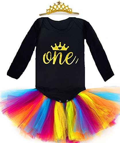 WINMI Baby Girls 1st Birthday Outfit Dress Skirt Rainbow Tutu Onesie Headband 3 PCS (L, Long Sleeve Black)