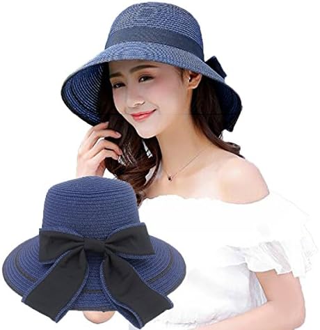 YSHARE Women's Sun Beach Straw Hat UV Protection Foldable 50+ Floppy Cap (Navy Blue)