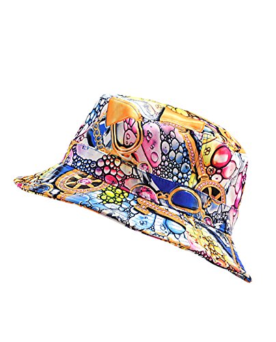 NYFASHION101 Fashionable Unisex Satin Lined Printed Pattern Cotton Bucket Hat, Multi Bubbles & Keys