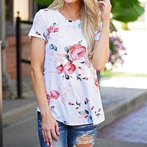 YANG-YI Women Short Sleeve Flower Printed Blouse Round Neck Casual T-Shirt (S)